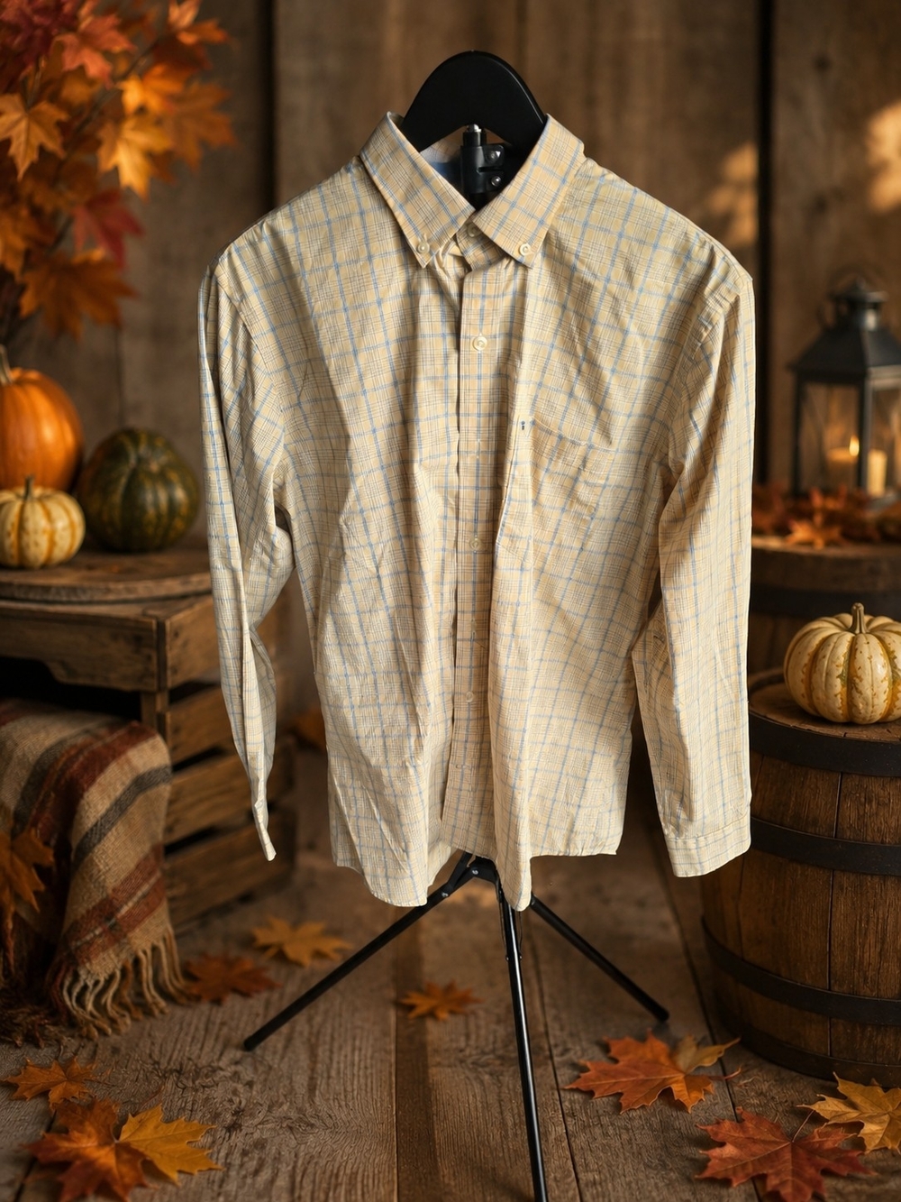 Izod Men's Cream and Light Blue Plaid Button-Down Shirt